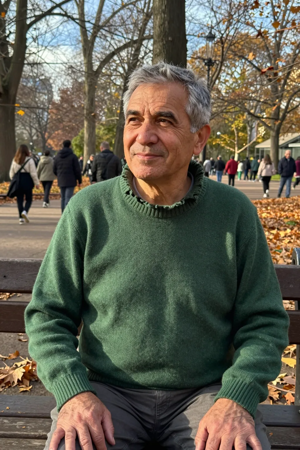 Photo of a middle-aged man sitting on a park bench in autumn, generated with the official Z-Image Turbo checkpoint