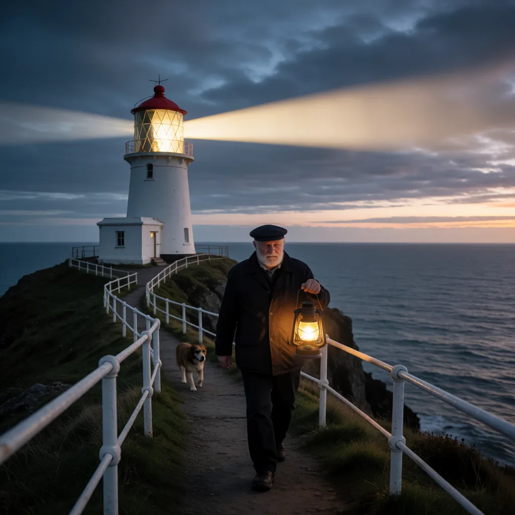 Baseline image generated with Krea 2 Turbo without any style LoRA: an elderly lighthouse keeper walking a cliff path at dusk with a lantern and a dog