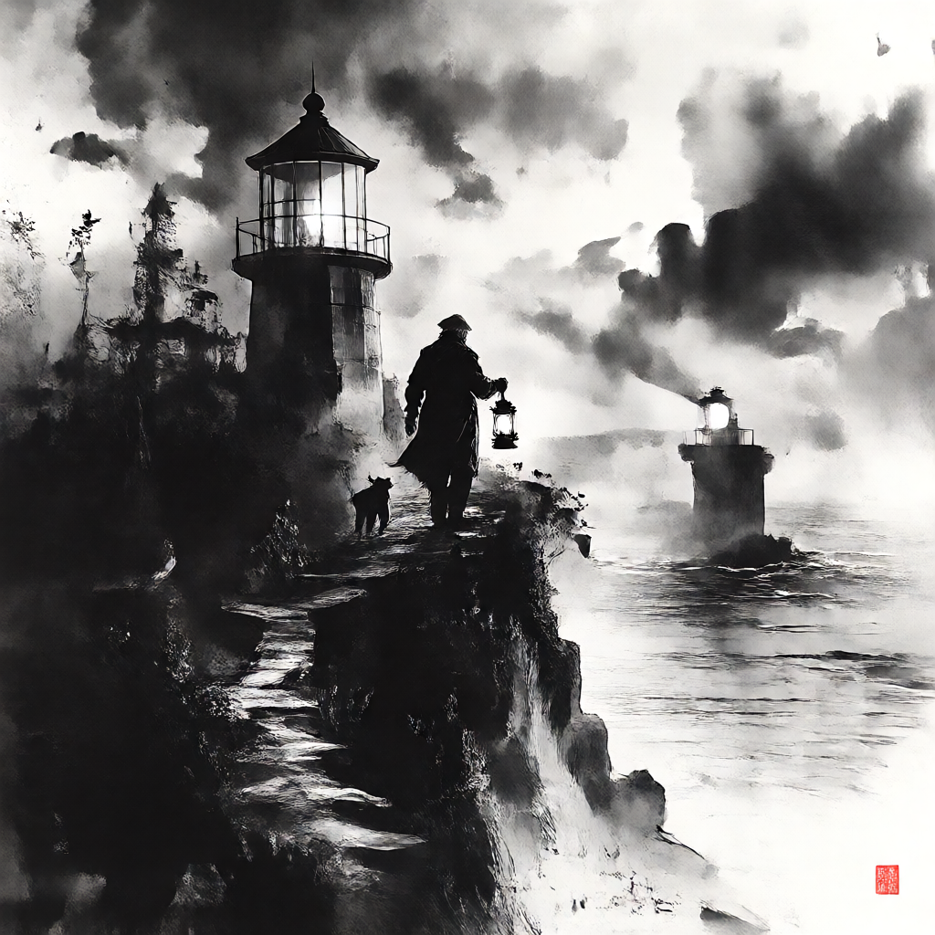 Krea 2 with the darkbrush LoRA: the same lighthouse keeper scene in monochrome ink wash style with loose brushwork