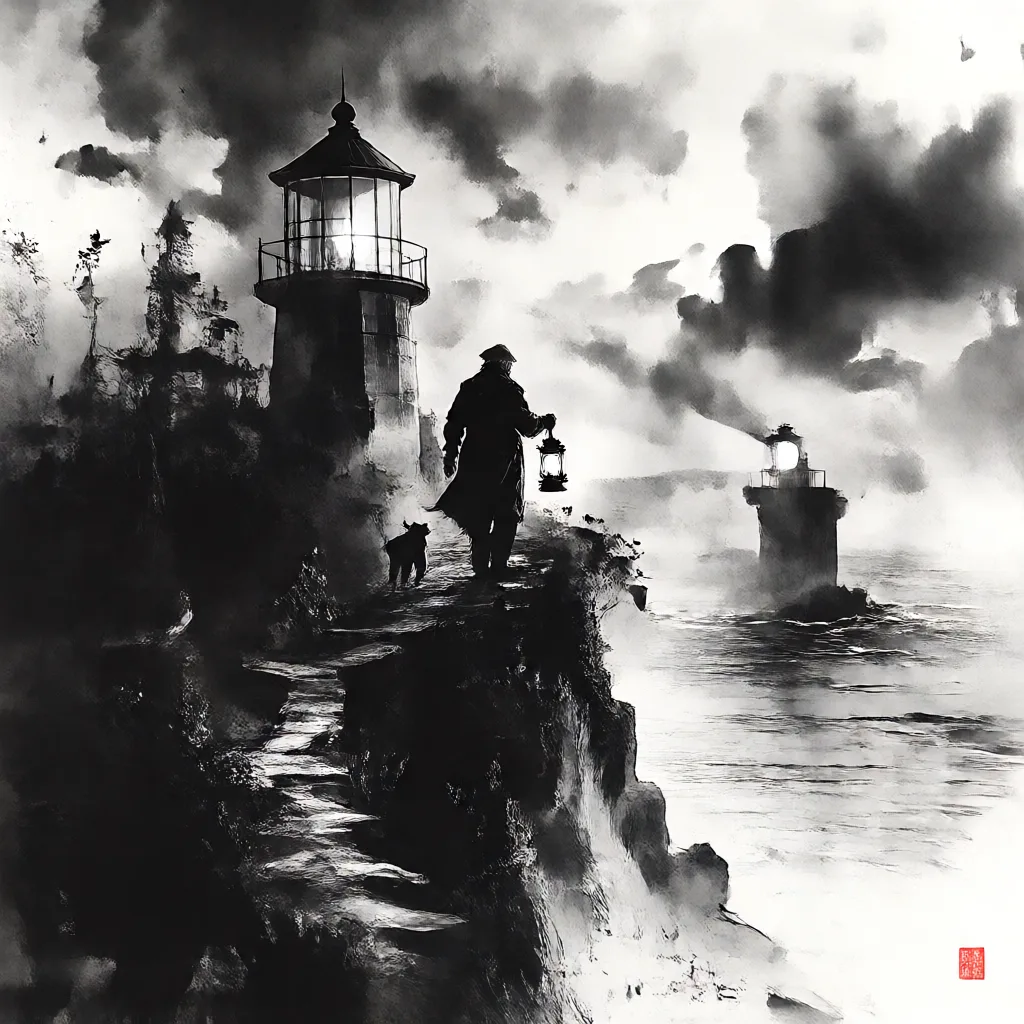 Krea 2 with the darkbrush LoRA: the same lighthouse keeper scene in monochrome ink wash style with loose brushwork