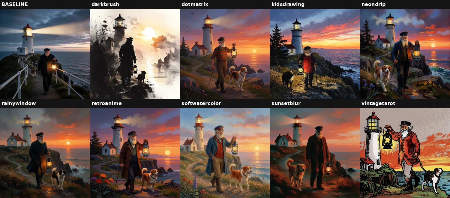 Grid comparison of the 9 Krea 2 LoRAs without their trigger phrase, next to the photorealistic no-LoRA baseline