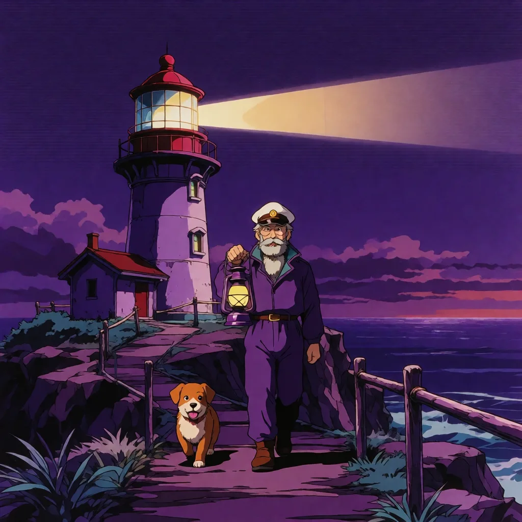 Krea 2 with the retroanime LoRA: the same scene in retro anime style with a purple color dominant
