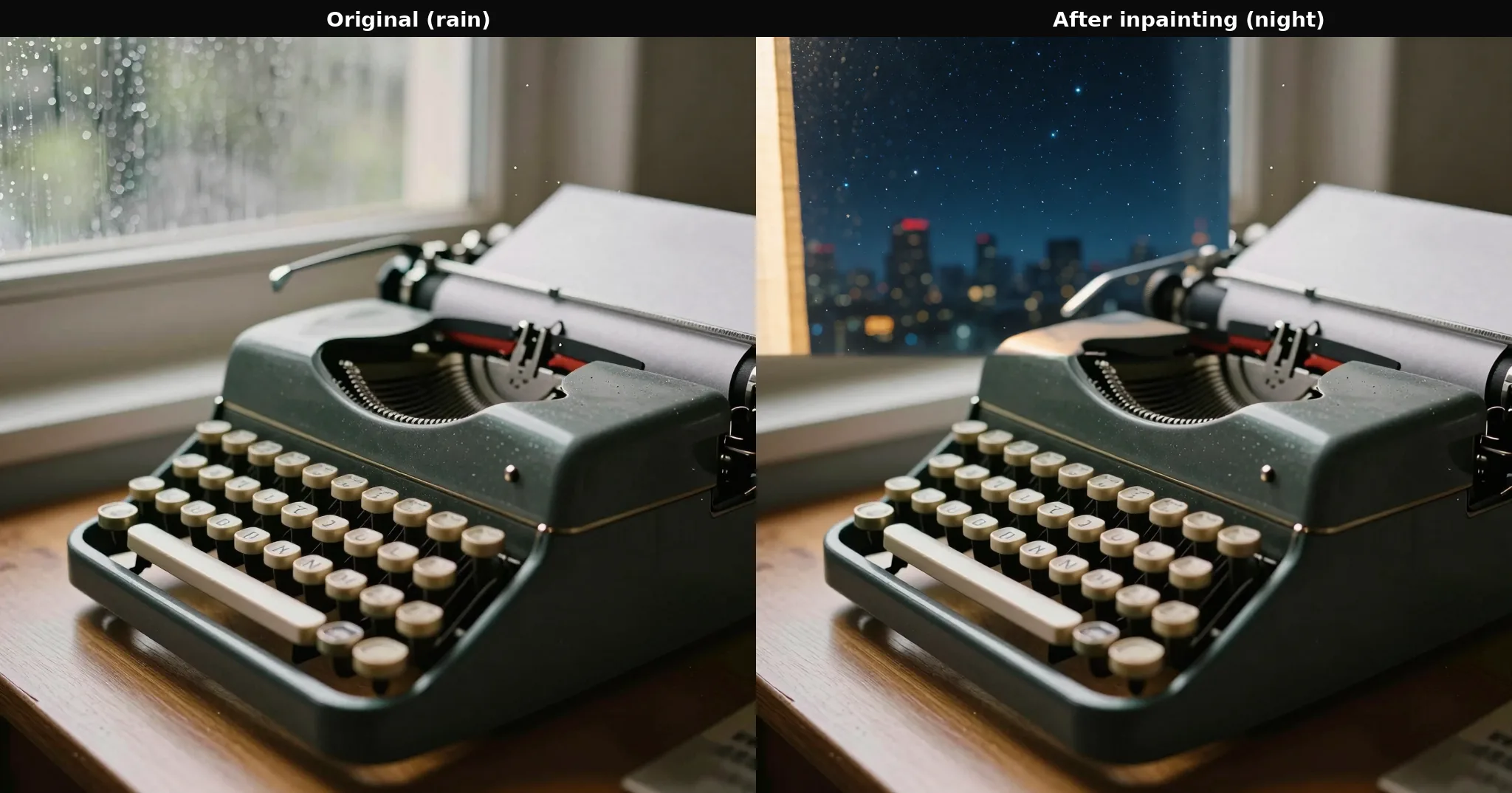 Before and after inpainting comparison: the window changes from rain to a starry night sky with skyline, the typewriter stays untouched
