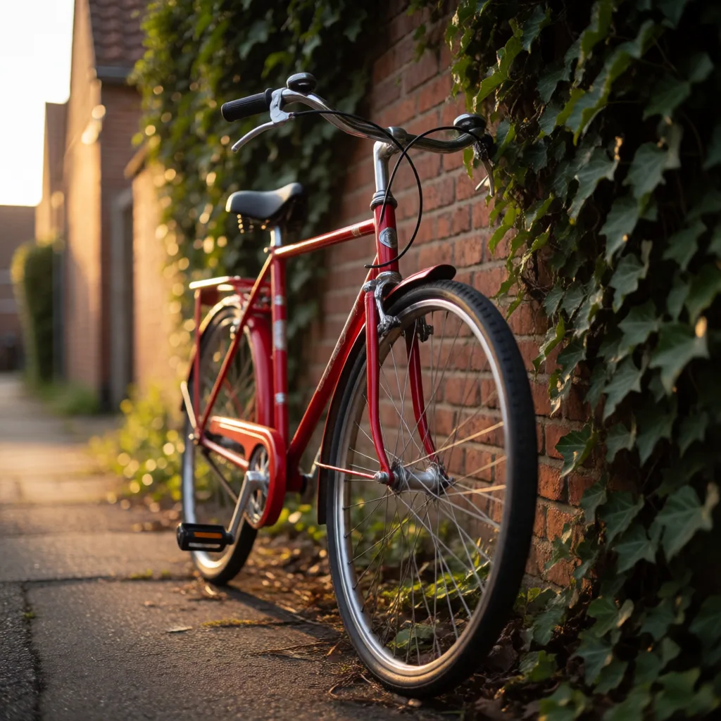 Red vintage bicycle leaning against an ivy-covered brick wall, generated with Krea 2 Turbo from text alone