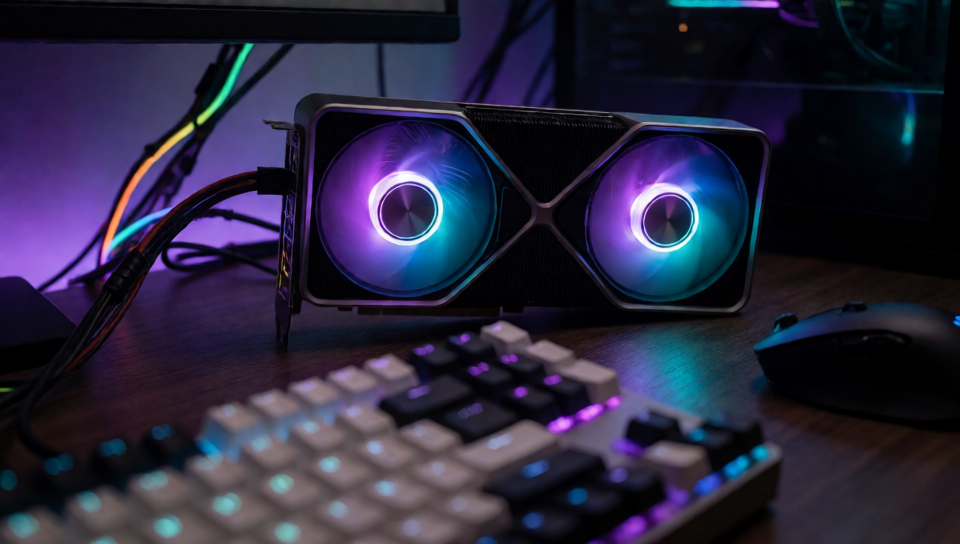 Reference image used with ReferenceLatent: an RTX GPU with purple and cyan ARGB fans on a nighttime desk