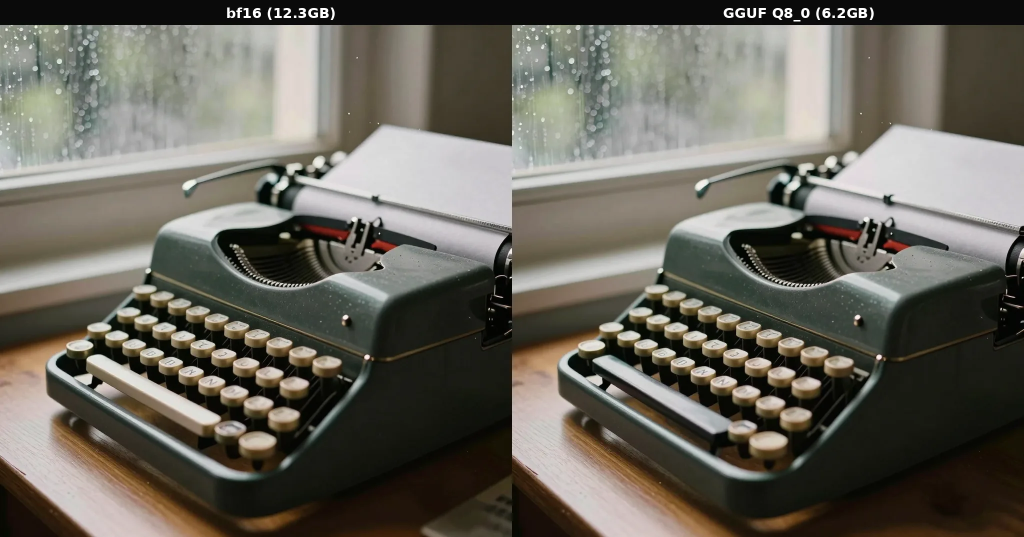 Side-by-side comparison of the typewriter scene generated with bf16 and GGUF Q8_0, practically identical composition