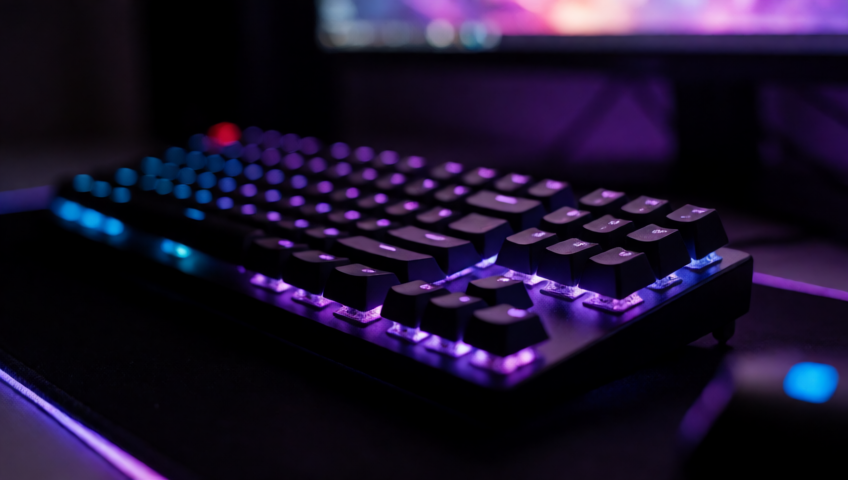 Starting image used for the I2V test: a mechanical keyboard with purple and blue RGB lighting on a dark desk, generated with Krea 2 Turbo at 848x480