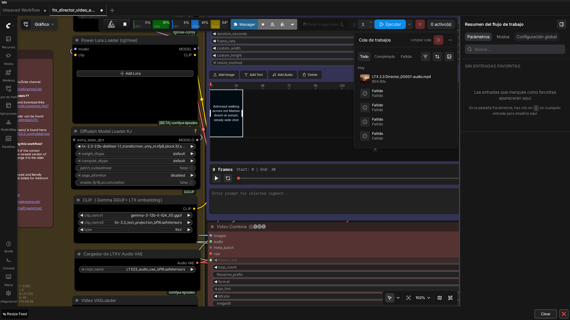 LTX Director workflow loaded in ComfyUI, with the real timeline segment and prompt visible