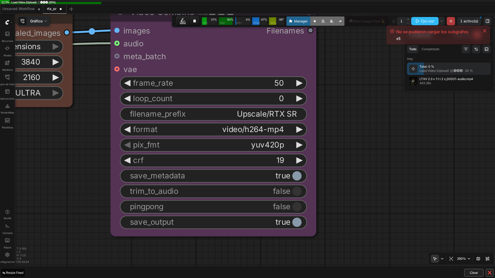 RTX Super Resolution workflow loaded and running in ComfyUI