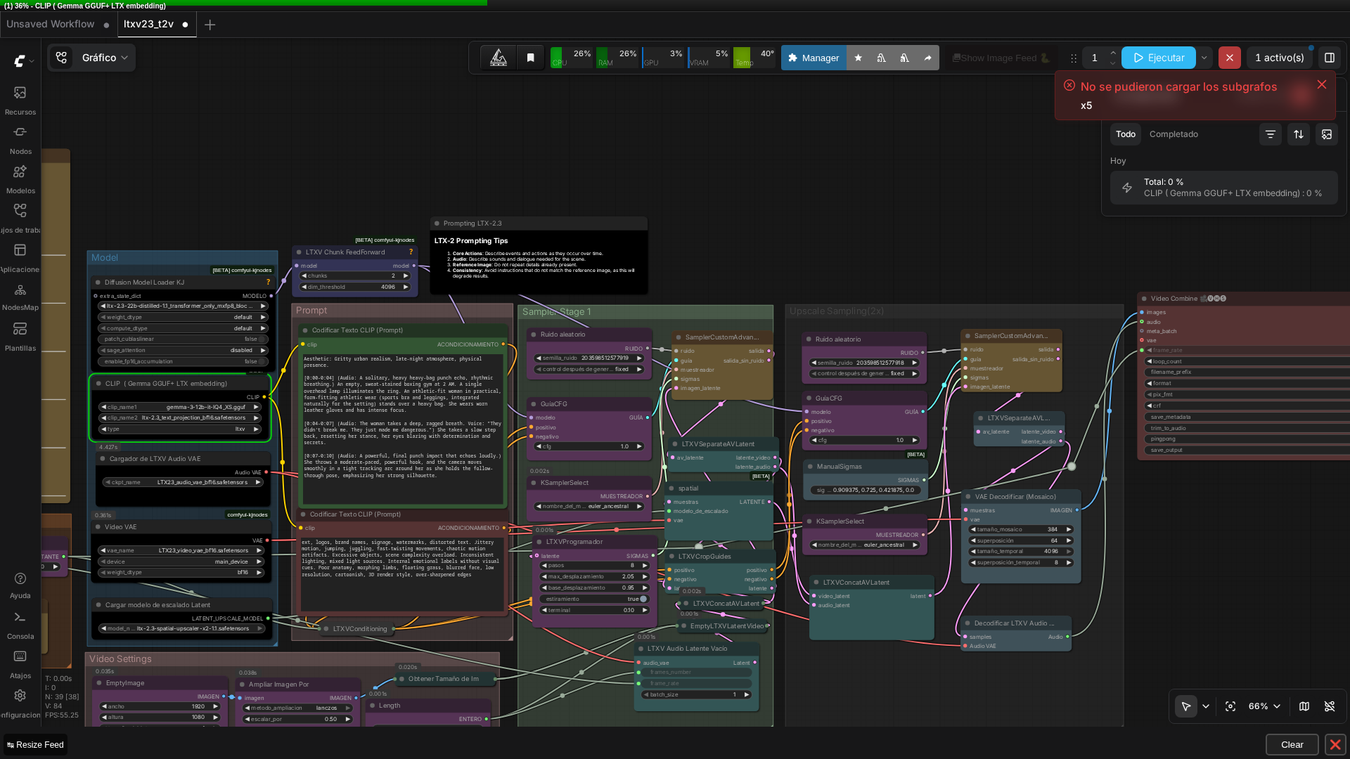 LTXV-2.3 T2V workflow loaded and running in ComfyUI, full graph with real queue