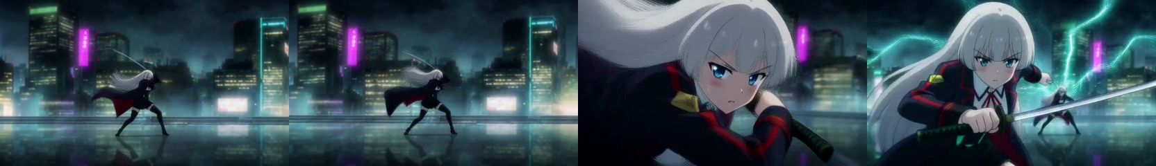 Four frames from the Ref2VA clip with character sheet, showing better identity consistency in close-ups