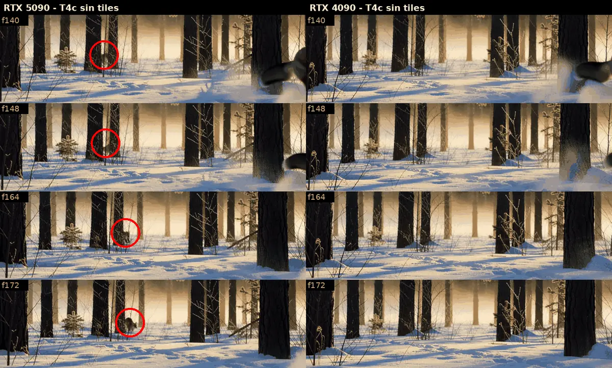 No-tile upscale comparison: on the left the RTX 5090 with a second fox circled in red, on the right the RTX 4090 with no duplicate