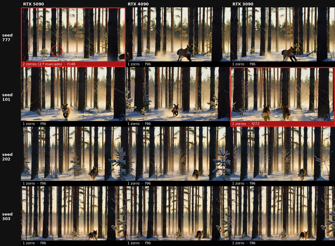 Grid of 4 seeds by 3 cards with one frame from each clip after the no-tile upscale: the RTX 5090 with seed 777 and the RTX 3090 with seed 101 show two foxes, all the others show one