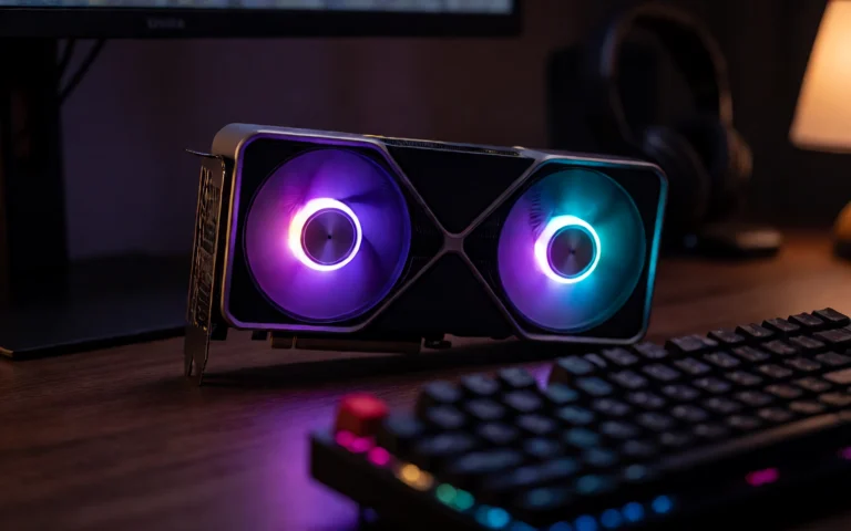 Reference image: RTX GPU with RGB fans on a desk at night, generated with Krea 2 Turbo