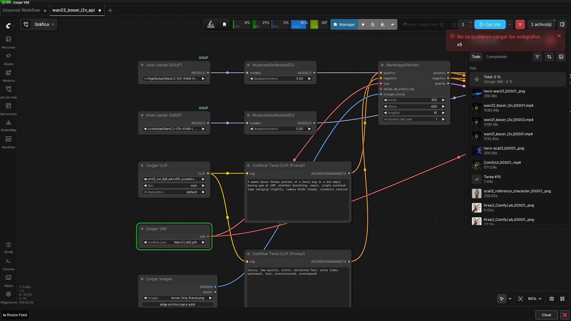 Wan 2.2 I2V workflow loaded in ComfyUI, showing the dual HighNoise/LowNoise model structure
